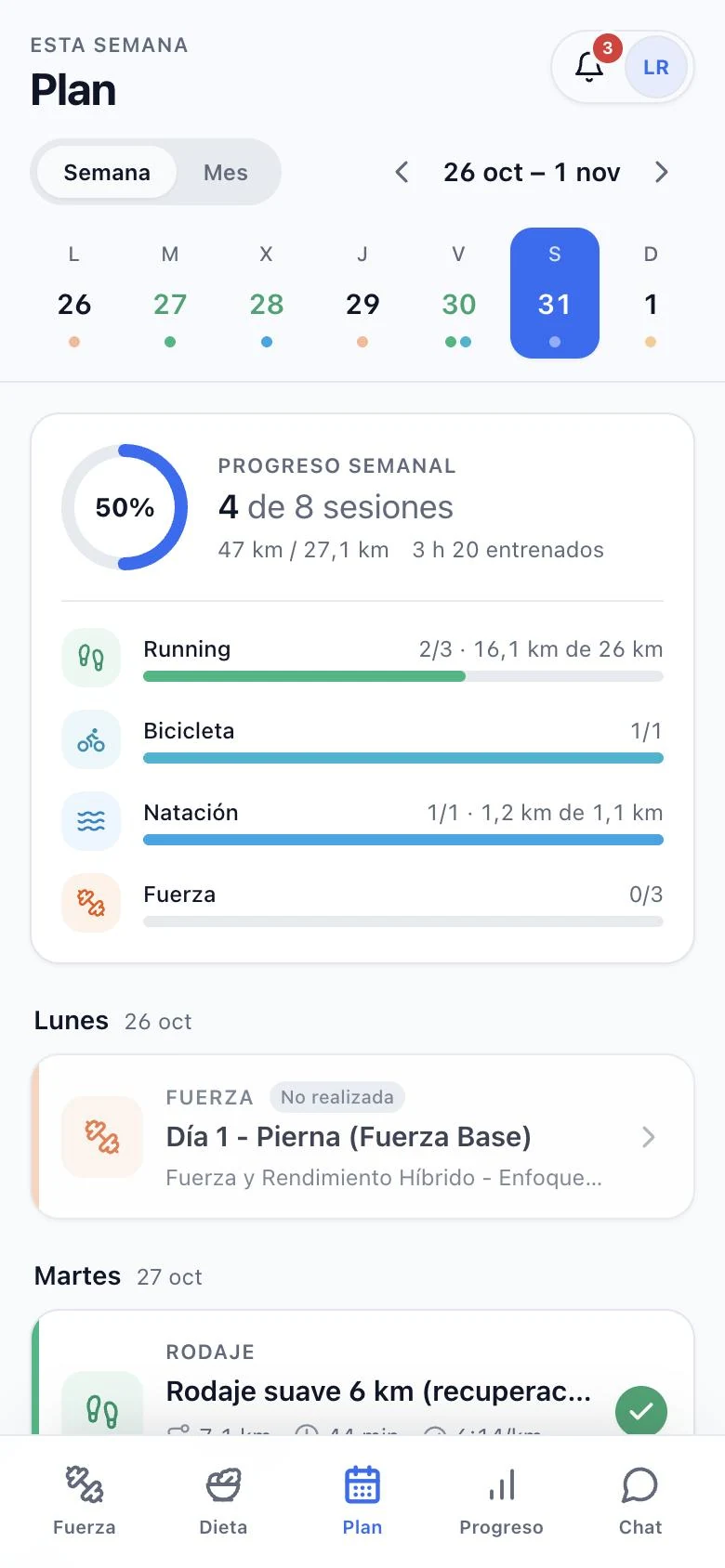 Vista semanal del plan en la app del atleta